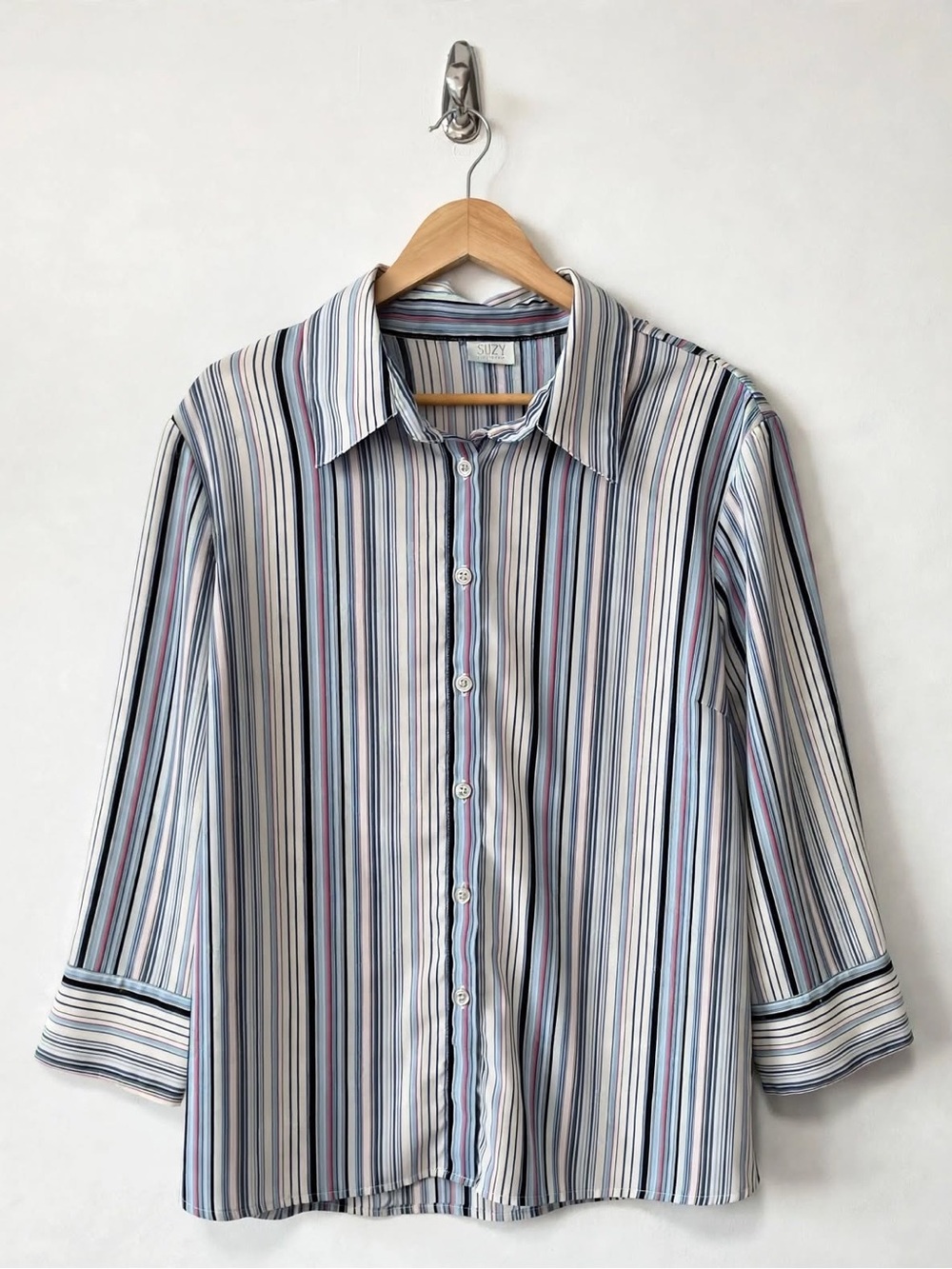 Suzy Shier Striped Button Down Blouse Vertical Stripe Size XL